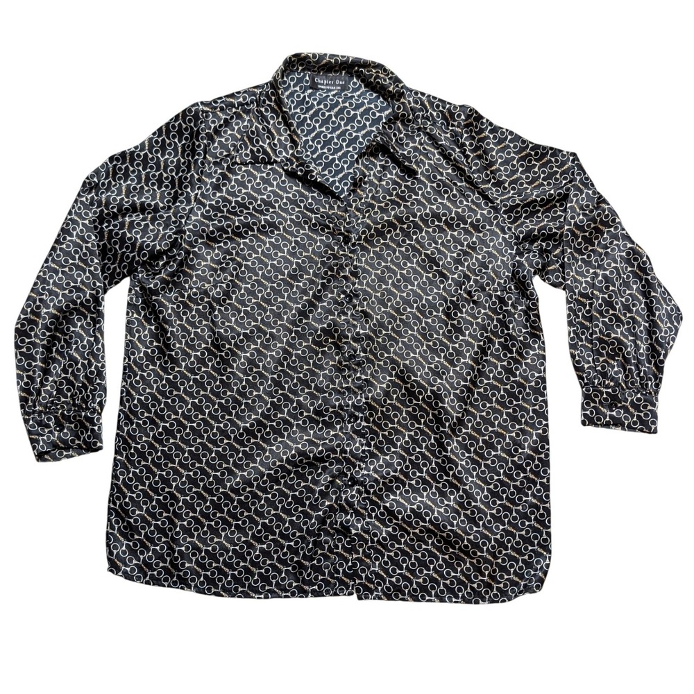 Vintage Chapter One Women's 16 Black Satin Horse‎ Bit Patterned Long Sleeve Top